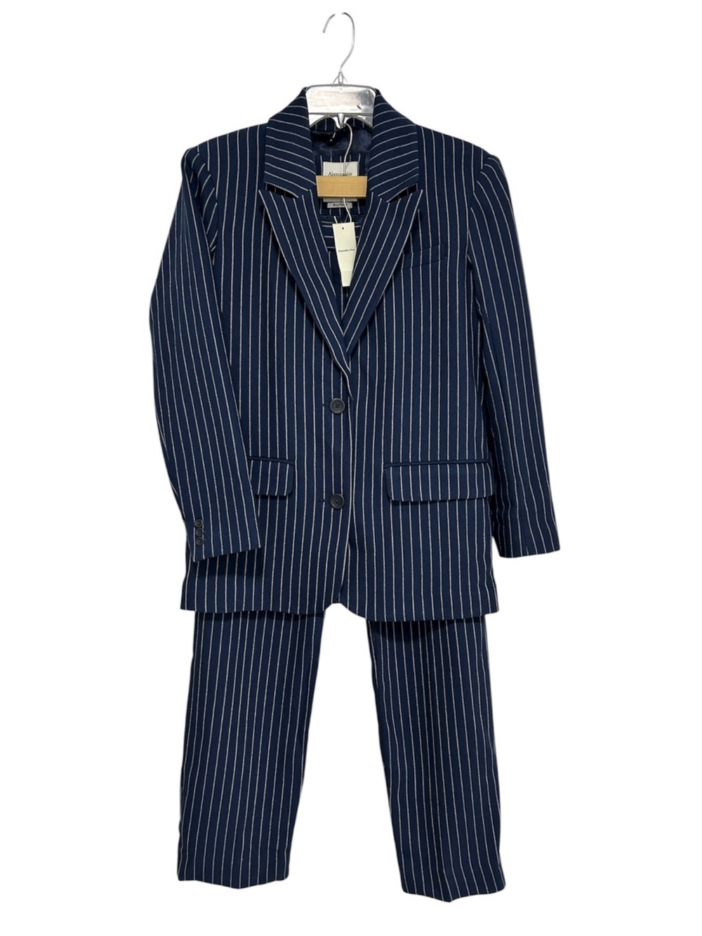 A & F Navy Pinstripe Boyfriend Blazer XS‎ Matching Trousers 29/8 Suit Set office
